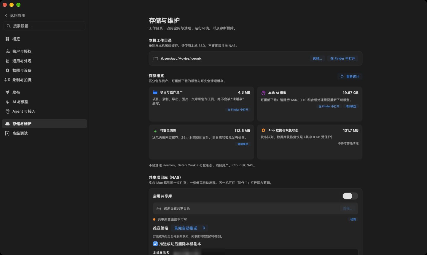 存储与维护页：本机工作目录、存储概览四类占用、共享项目库（NAS）